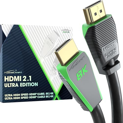 KabelDirekt – Cable HDMI 2.1 8K, edición Gamer certificada – 2m (8K@60Hz, Ultra High Speed/48G para 10K, 8K o ultra rápido 144 Hz a 4K, óptimo para PS5/Xbox y PC Gaming, Monitor/TV, gris)