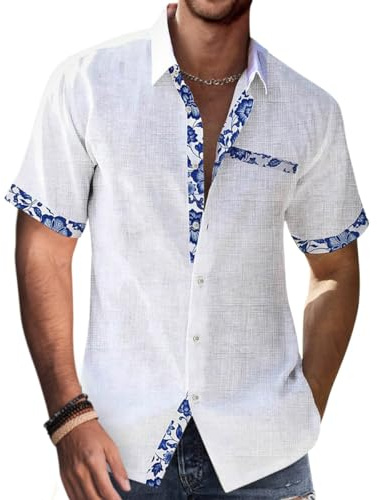 Onsoyours Chemise Homme à Carreaux Manche Courte Coton Lin avec Poche Poitrine Chemise Décontractée Classique Chemisette Homme Lin Chemise Bouton Homme Blouse