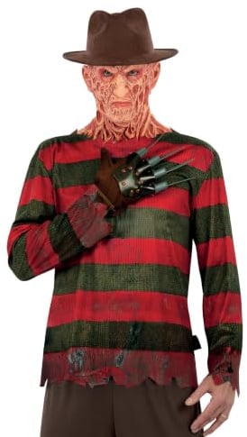 Smiffys Ein Nightmare On Elm Street Freddy Krueger Kostüm – inklusive bedrucktem Oberteil, Handschuh und Hut, offiziell lizenziertes Nightmare on Elm Street Kostüm für Erwachsene, Halloween-Outfit für