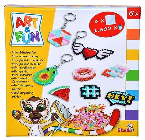 Simba Art et Fun Mini perles à repasser - Pendentif clé - 1 600 perles - 3 plaques perforées - Papier à repasser - 6 porte-clés - À partir de 6 ans