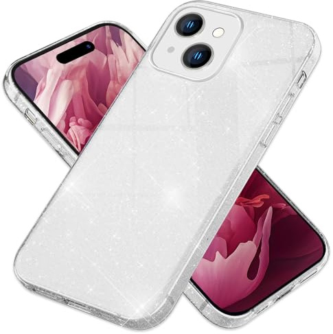 NALIA Glitzerhülle für iPhone 15 - Grip - Hülle, Silber | Partikel fest im Material eingeschlossen, 3-Schicht-Schutzaufbau mit Hardcase-Kern, Erhöhter Kamerarand, SHINEPOP