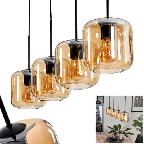 Hängeleuchte Lauden, Hängelampe aus Metall/Glas in Schwarz/Bernsteinfarben, Leuchte im Vintage/Retro Design, Schirme aus Glas (Ø 15 cm), 4-flammig, Höhe max. 147,5 cm, 4 x E27, ohne Leuchtmittel