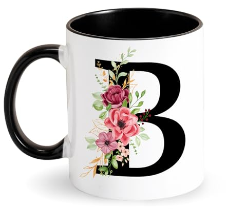 Iniziale Tazza con Fiori Tazza da caffè con Lettere Tazza di Porcellana Tazze Colazione Nero Personalizzata Regali per Donne, Moglie, Madre a Compleanno, Festa della Mamma, Natale (B)