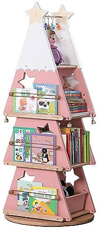 NOALED Tree Bookshelf 4 Tier Bookshelf Rotating Bookshelf 360° Display 57.7 Inch Floor Standing Bookcase Book Shelf Storage Rack Organizer For Bedroom Living Room Study Room (Color : Blue) (Pink)