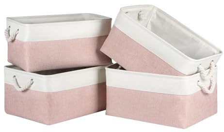Syeeiex Storage Basket for Shelves [4 Pack], Storage Boxes with Handles, Large Fabric Storage Bins for Organizing Home and Office, White & Pink