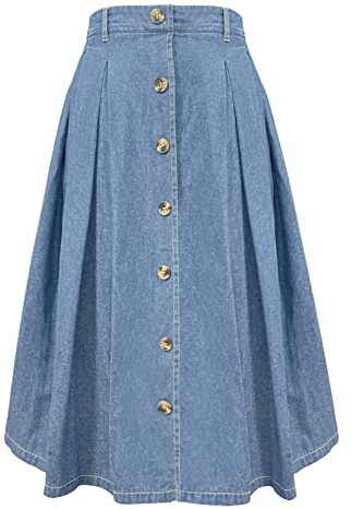 Jayscreate Sommerrock Damen Lang Hohe Taille Rock Knielang A Linie Damen Mit Taschen Herbst Rock mit Fransen,hellblau,XXL