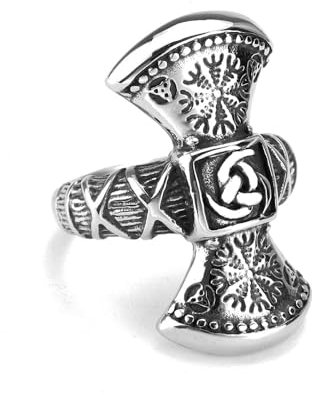 Hokech Vintage Nordic Viking Compass Double Axe Ring For Men Fashion Stainless Steel Viking Celtic Knot Rings Amulet Jewelry