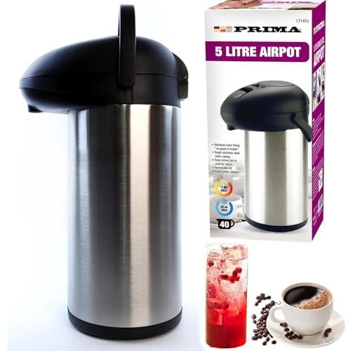 Buystarget 5L Airpot Stainless Steel Coffee Dispenser Double Wall Insulated Flask Coffee Tea Urn Vacuum Pump + Safety Lock & Carry Handle Thermal Teapot Hot Cold Water Drink Event Travel Jug Air Pot
