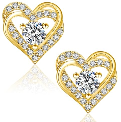 KRKC&CO Moissanite Ohrringe Damen Silber 925, Gold Herz Ohrsteckers, 0,6 Karat echter Moissanit Diamant, VVS1 Reinheit D Farbe, 14K Gold vergoldet allergiefrei, Geschenk für Frauen