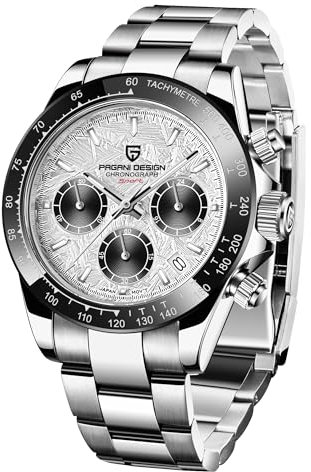 Pagani Design Klassische Quarzuhr für Herren, Japanisches Uhrwerk VK63, Keramik-Lünette, Edelstahl, wasserdicht, Business Sport, Chronograph Datum (Grau-meteorit-pd1644)