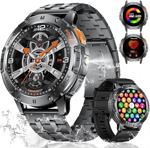 ESFOE Reloj Inteligente Hombre Militar con LED Linterna, 1,43'' AMOLED 5ATM Impermeable Smartwatch Hombre con Llamadas Bluetooth, Wasap, Monitor de Ritmo Cardíaco y Sueño,SpO2,530mAh para iOS Android