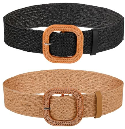 Mikovivi 2pcs Ceinture Tressée Femme, Élastique en Paille Avec Boucle Carrée Bohème Large Extensible pour Filles Femmes (Noir, Camel Clair)