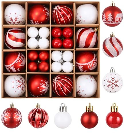 Set di palline di Natale, set di 44 palline decorative natalizie, 6 cm e 3 cm, palline di Natale in plastica, ornamenti dell'albero di Natale, palline di Natale rosso, palline di Natale bianco