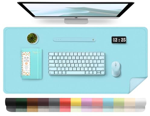 BLESWIN Leather Desk Pad, Waterproof Laptop Protector - Large Blue Writing Mat 100x43cm