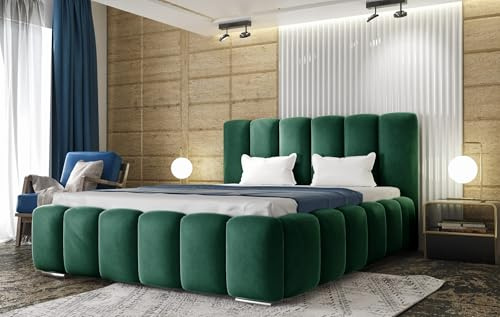 AGMAT-FURNITURE Polsterbett Bali mit Kopfteil, 180 x 200 cm, Doppelbett mit Bettkasten und Lattenrost aus Metall, Velourstoff: Grün