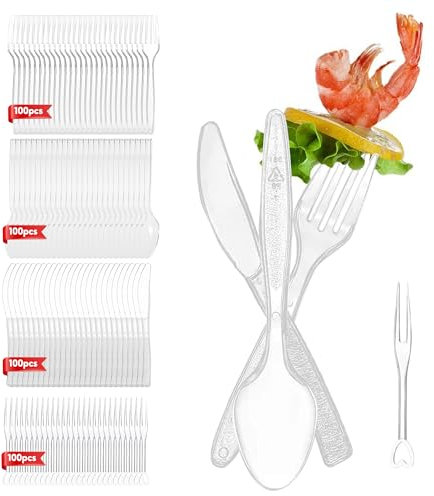 Clear Reusable Cutlery Set, 400 Pcs Reusable Clear Cutlery Perfect Includes 100 Forks, 100 Spoons, 100 Knives and 100 Fruit Fork for Birthday Parties Buffets Picnic(Transparent)