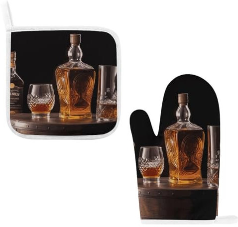 Hochtemperaturbeständige Ofenhandschuhe Topfmatte Zweiteiliges Set Dicke Wasserdicht Exquisite Whisky Bier Bilder Bedruckte Handschuhe Isolierung Pad Set