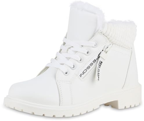 VAN HILL Damen Stiefeletten Worker Boots Warm Gefüttert mit Blockabsatz Zipper Prints