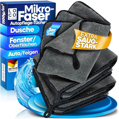 LOCO BIRD Mikrofasertücher Auto 1100 GSM - extrem saugstarke Microfasertücher - flauschig weiches Trockentuch Auto - Microfasertuch für Autopflege - Trockentuch in 40x40cm - Fensterputztücher 3er Set