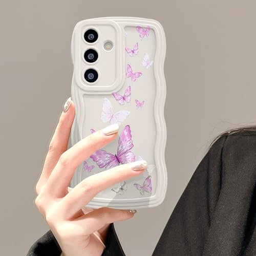 UEEBAI Hülle für Samsung Galaxy S21 5G, Niedliche Lockige Wellen Rahmenform Silikon Handyhülle mit Schmetterlingsmuster, Slim Fit Weiche Bumper Cover Schutzhülle für Frauen Mädchen, Beige