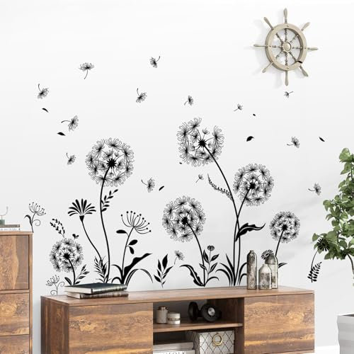 Tanlaby Diente de León Negro Pegatina Pared Plantas Mariposa Adhesivos Pared Flores Hierba Diente de León Vinilos Decorativos para Sala de Estar Dormitorio Oficina TV Sofá Baño Fondo