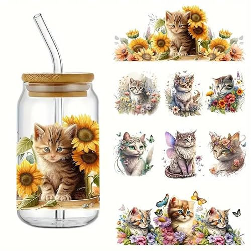 4pcs Cat Sunflower Flowers UV DTF Cup Wraps Winter UV DTF Transfer Waterproof Sticker for Glass Cups Furniture Craft DIY Crafts，Rub on Transfer Stickers for DIY Water Bottle Laptop Decal Wood Car