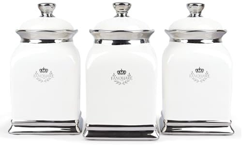 fanquare 3 Pieces Ceramic Tea Coffee Sugar Canisters, White Storage Jars with Lids, Food Storage Canisters for Home Kitchen Counter Large Capacity 930ml