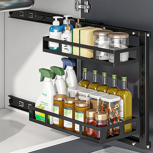Cuisine Rangement Meuble de rangement coulissant sous évier avec 2 étagères à tiroirs coulissantes pour cuisine, salle de bain, garde-manger, solution de rangement 30 x 24,5 x 40,5 cm (30 cm)