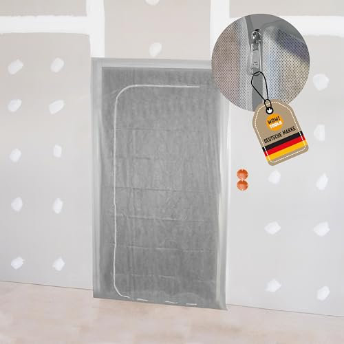 WOW!TOOLS Vlies-Staubschutztür 1,10 x 2,20 m – Staubdichtes Polypropylen-Vlies mit hochwertigem Reißverschluss - inkl. mako Cuttermesser weiß, Bautür, Türabdeckungen, Staubtüre, Staubschutz