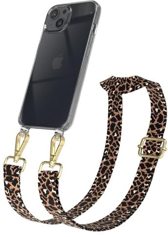 EAZY CASE Handykette - Verstellbares Taschenband kompatibel mit iPhone 13, Schulterriemen, Handykordel mit Silikon Hülle, Umhängetasche, Leo - Schwarz Braun Metall Gold