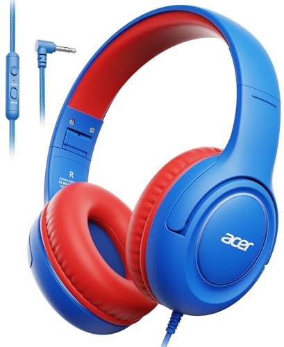 Acer Kids Headphones Wired for Kids with 85/94dB Volume Limit, 3.5mm Jack | Foldable Adjustable Stereo Sound Over Ear, for School, Travel, Tablet, Kindle, iPad, PC(Blue Red)