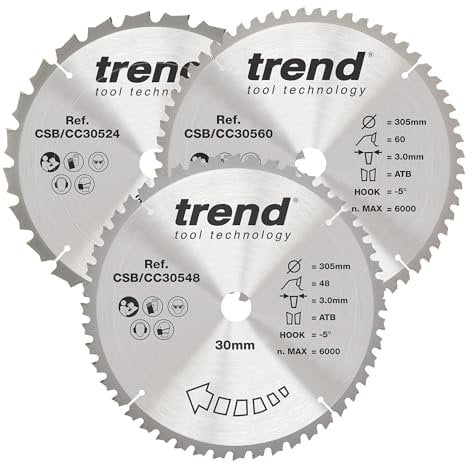 Trend Wood Mitre Saw Blade, 305mm Diameter, 30mm Bore, 24/48/60 Teeth, 3.0mm Kerf, -5° Hook, TCT, Coarse/Medium/Fine Finish, 3 Pack, CSB/CC305/3/A