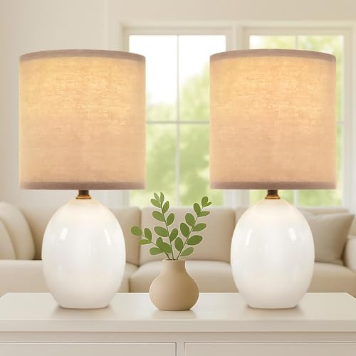 Dawnwake Nachttischlampe, 2-Teiliges Set, Dimmbare LED-Tischlampe Mit Keramikfuß und Leinenschirm, Geeignet Für Schlafzimmer, Wohnzimmer und Büro (Weiß)
