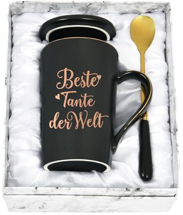 Diztoud Tante Geschenk Weihnachten, Beste Tante der Welt Kaffeetasse, Geschenke für Tanten, Auntie zu Geburtstag, Muttertag, 400ML Keramik Marmorbecher mit Deckel, Löffel und Geschenkbox, Schwarz