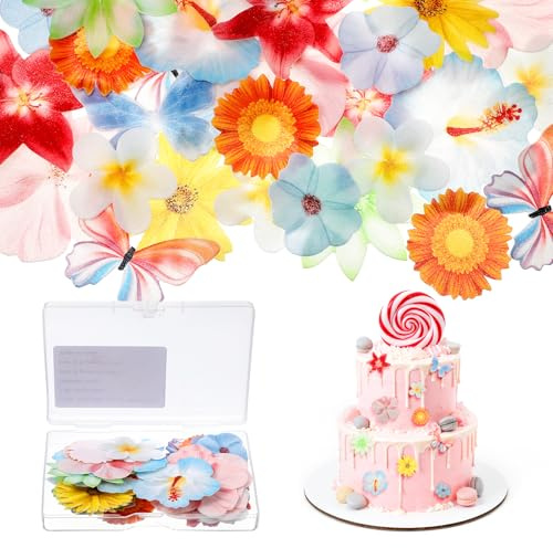 60PCS Edible Flower Butterflies Cake Topper Set, Flower Cupcake Toppers Hawaiian Flowers Leaves Cake Decor Wedding Themed Party Kids Girl Women Party Birthday Cupcake Decoration Supplies