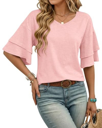 WNEEDU Ladies Tops V Neck Ruffle Short Sleeve Blouses T Shirts for Women UK | Ladies Summer Casual Tops, Bell Sleeve T Shirts For Women Uk, Ruffle 3/4 Sleeve Blouses Tunic for Spring Fall, V Neck Design