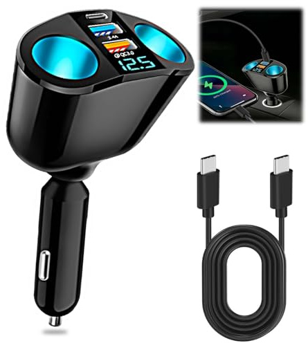 120W Car Cigarette Lighter Adapter 12V/24V USB QC3.0 PD Charger Splitter | Dual USB QC3.0 PD Ports, Double Cigarette Lighter Socket with LED Voltmeter, Fast Charging for Phone, Dashcam Vehicle Devices