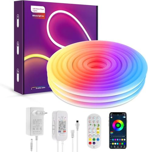 LUXONIC Neon LED Strip Pro 5M, Bluetooth RGBIC Led Band, Wasserdicht IP65 Beschichtes Lichtband Lichterkette LED Leiste Sync mit Musik, App-Steuerung, Farbwechsel, für Zuhause