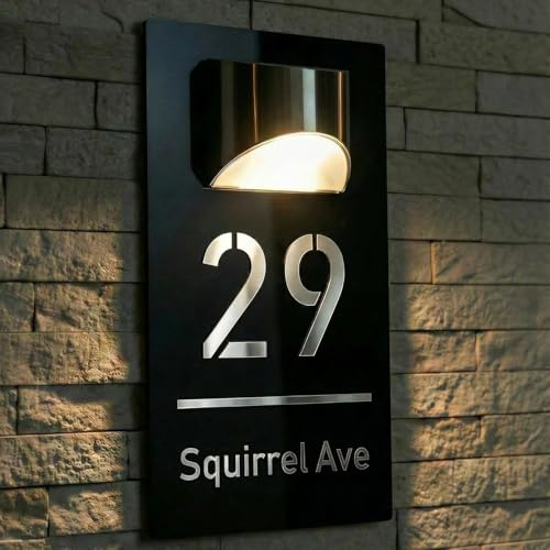 Plaque Numéro de Maison Extérieure Personnalisée Imperméable - Acrylique LED Solaire, 6 Polices - Pour Porte/Mur (4 Tailles au Choix : 15x25cm, 15x29cm, 18x32cm, 22x35cm)(Noir-Argent)