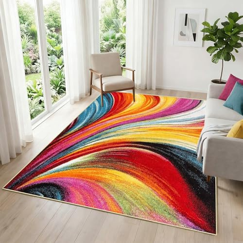 WQMMD Bunt Waschbare Teppiche 140x200cm Kinderzimmer Kurzflor rutschfest Moderne Wellen Muster Geometrische Teppich Maschinenwaschbar für Wohnzimmer Esszimmer küche Schlafzimmer (Rot Gelb Orange)