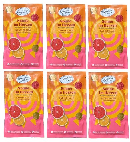 Dresdner Essenz Badeschaum „Sonne im Herzen“ Orange & Grapefruit – 6er Pack Badezusatz – fruchtiger Duft – Wellnessbad
