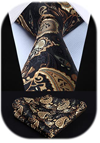 HISDERN Herren Krawatte Blumen Paisley Krawatte & Einstecktuch Set Gold Schwarz
