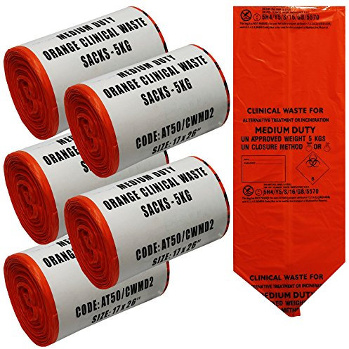 5 x Roll Orange Clinical Biohazard Clinical Surgical Waste Bag Sacks, 250 Bags