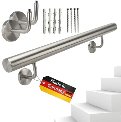 TIBU Handlauf Geländer Edelstahl Ø 42,4 mm - Länge 40 cm - Ende gerade Kappe und gewinkelte Halter - Rostfrei für Außen und Innen