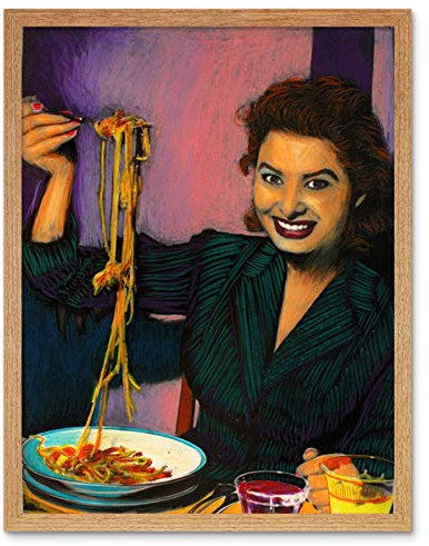 Wee Blue Coo Painting Portrait Sophia Loren Movie Actress Eating Spaghetti Pasta Smile Art Print Framed Poster Wall Decor Kunstdruck Poster Wand-Dekor-12X16 Zoll