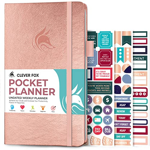 Clever Fox Pocket Weekly – Undated Monthly Goal Planner and Calendar, Mini Planner Perfect for Purse, 10x17.5cm (Rose Gold)