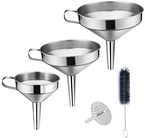 Imbuto da cucina, set di 3 imbuti in acciaio inox con manico e filtro rimovibile, ideale per il trasferimento di liquidi, liquidi, ingredienti secchi e polvere, durevole e lavabile in lavastoviglie