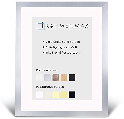RahmenMax® Morena Bilderrahmen 40x55 cm mit Passepartout passend für Bild 30x45 cm/Maßanfertigung möglich/MDF Bilder Rahmen/Rahmenfarbe: Alu-gebürstet, Passepartoutfarbe: Ultra Weiß