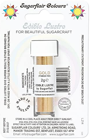 Sugarflair Gold Edible Lustre Dust (E171 Free), Add a Lustrous Shine to Cakes or Decorations. Brush On or Add Rejuvenator to Create Eye-Catching Edible Paint- 2g