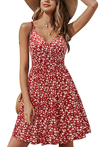 STYLEWORD Women's V Neck Floral Spaghetti Strap Summer Dress Casual Swing Midi Sundress with Pockets(Floral46-412,XL)